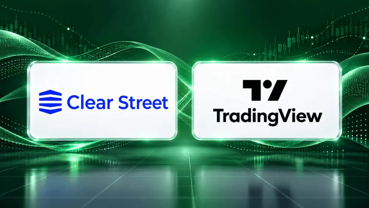 clear street and tradingview logos on green futuristic background