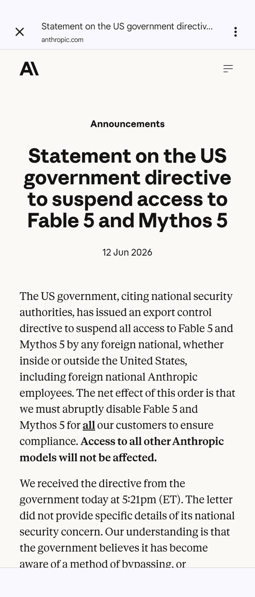 Image for US Government bans 'export' of Claude Fable!