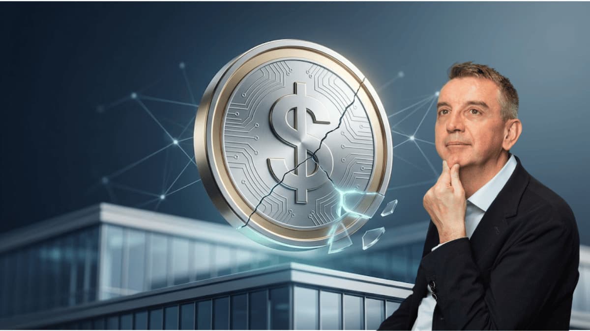 SoFiUSD bank-issued stablecoin concept: a cracked silver dollar coin floating above a modern bank building