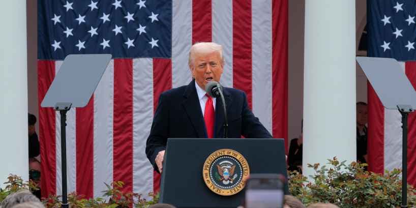 Trump addressing the press, discussing his "Liberation Day" tariffs.